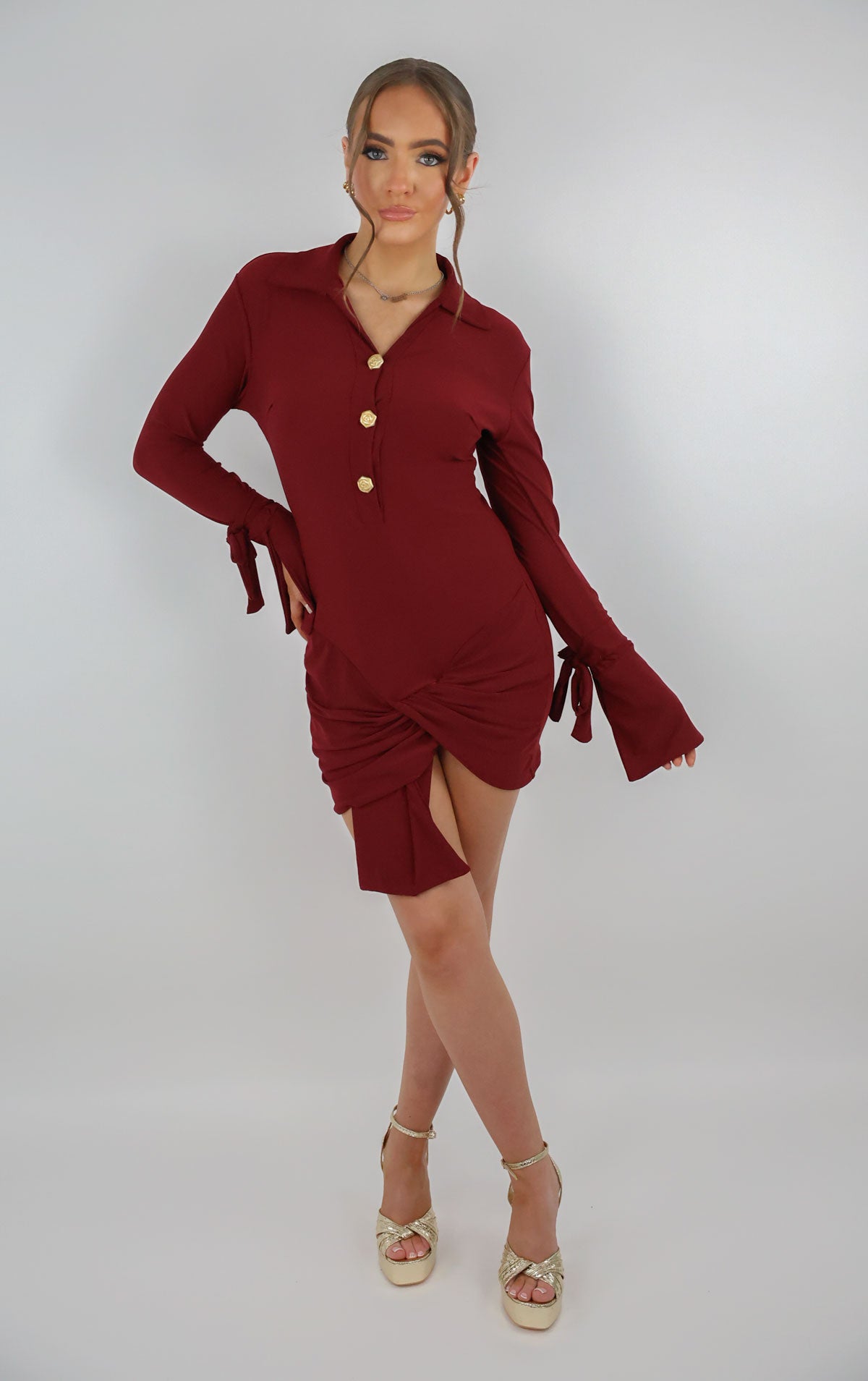 Women Burgundy Gold Rose Button Wrap Dress Miss Moda Luxe