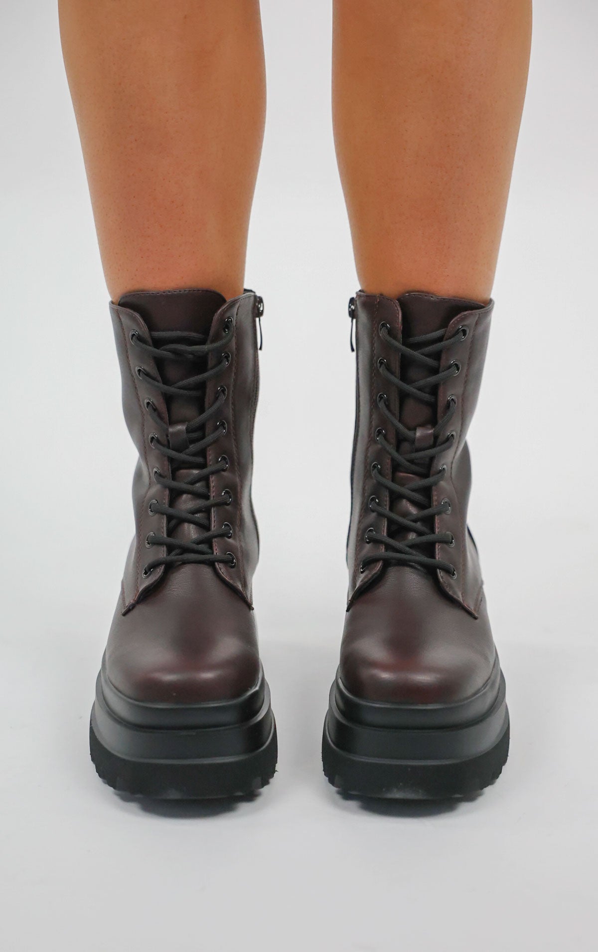 Womens Burgundy Chunky Platform Lace Up Boots Miss Moda Luxe