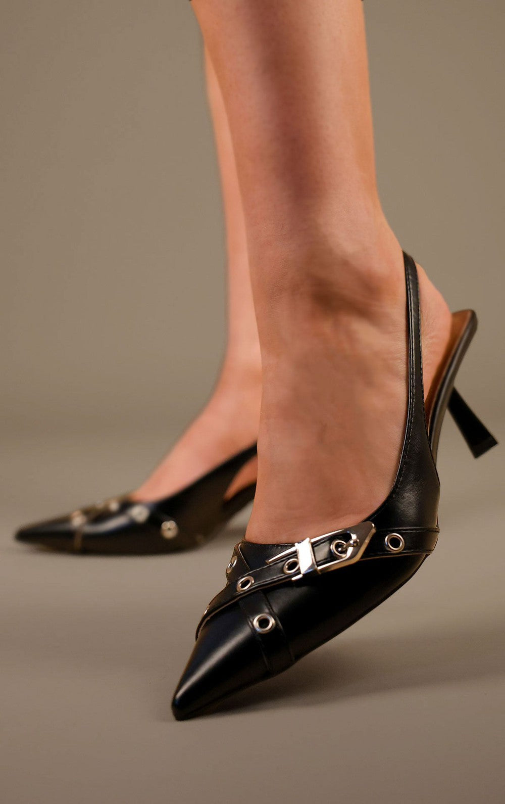 Womens Black Double Strap Design Slingback Kitten Heel Court Shoe