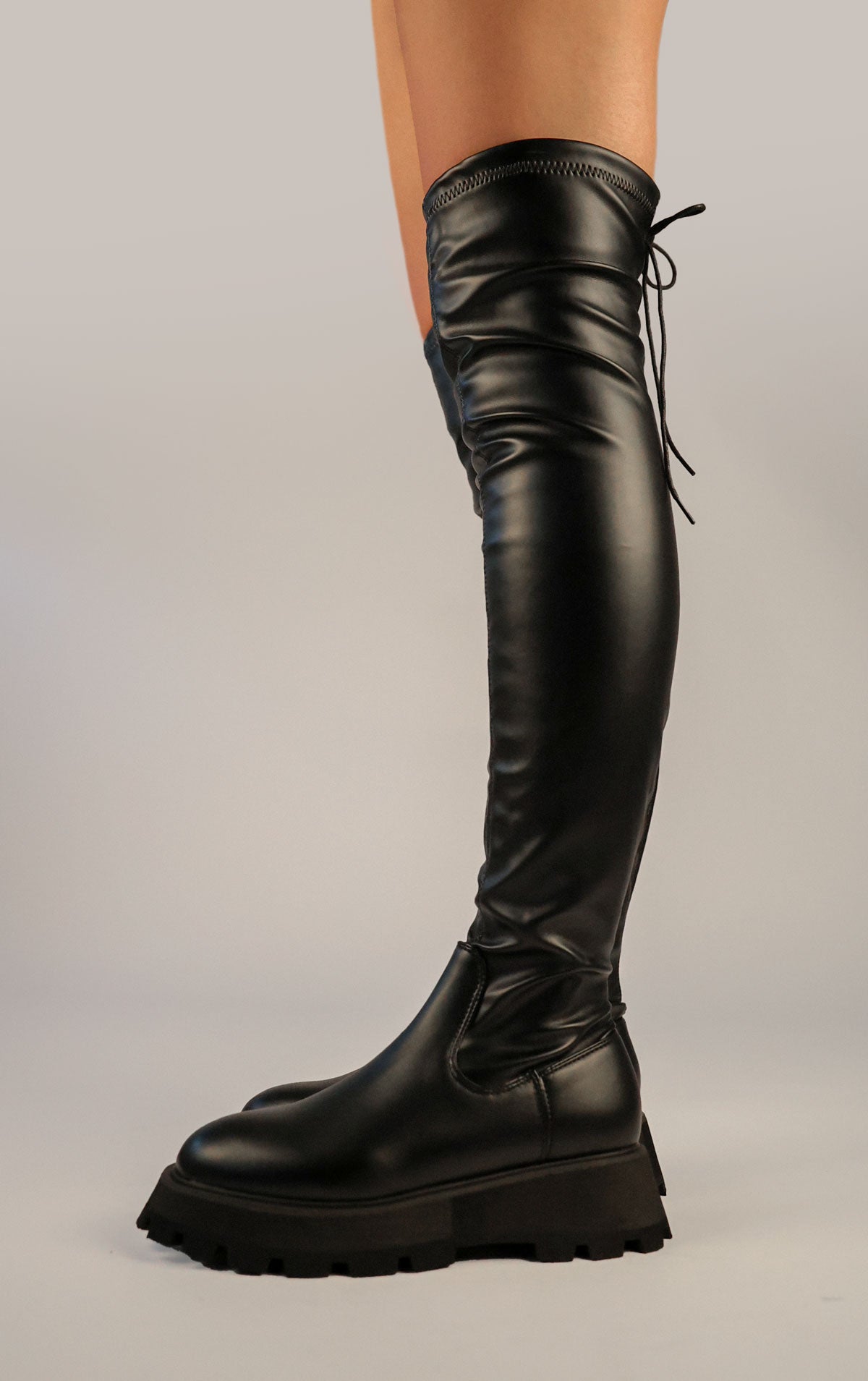 Black PU Leather Chunky Platform Thigh High Boots Miss Moda Luxe