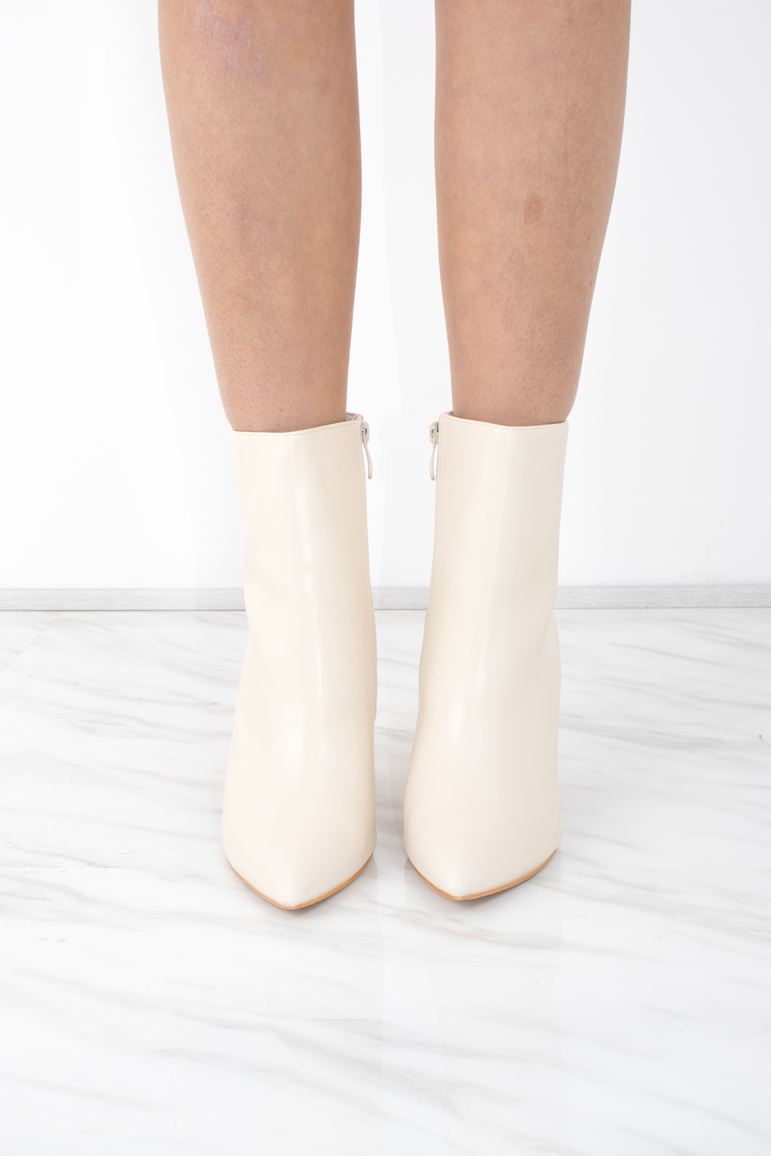 Womens Cream Pointed Toe Faux Leather Block Heel Ladies Ankle Boot