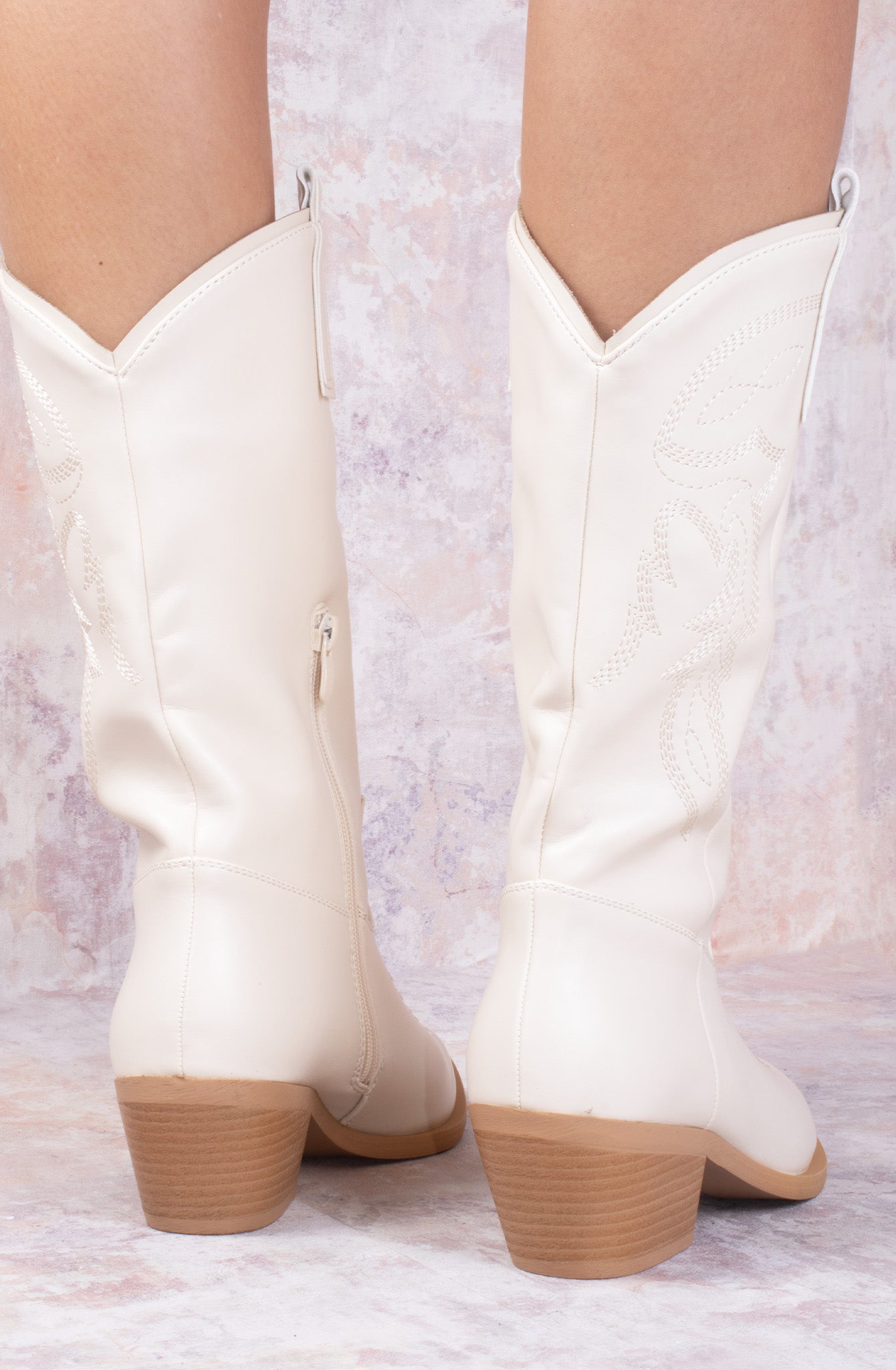 Cream PU Faux Leather Mid Calf Length Cowboy Boot