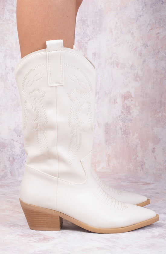 Cream PU Faux Leather Mid Calf Length Cowboy Boot