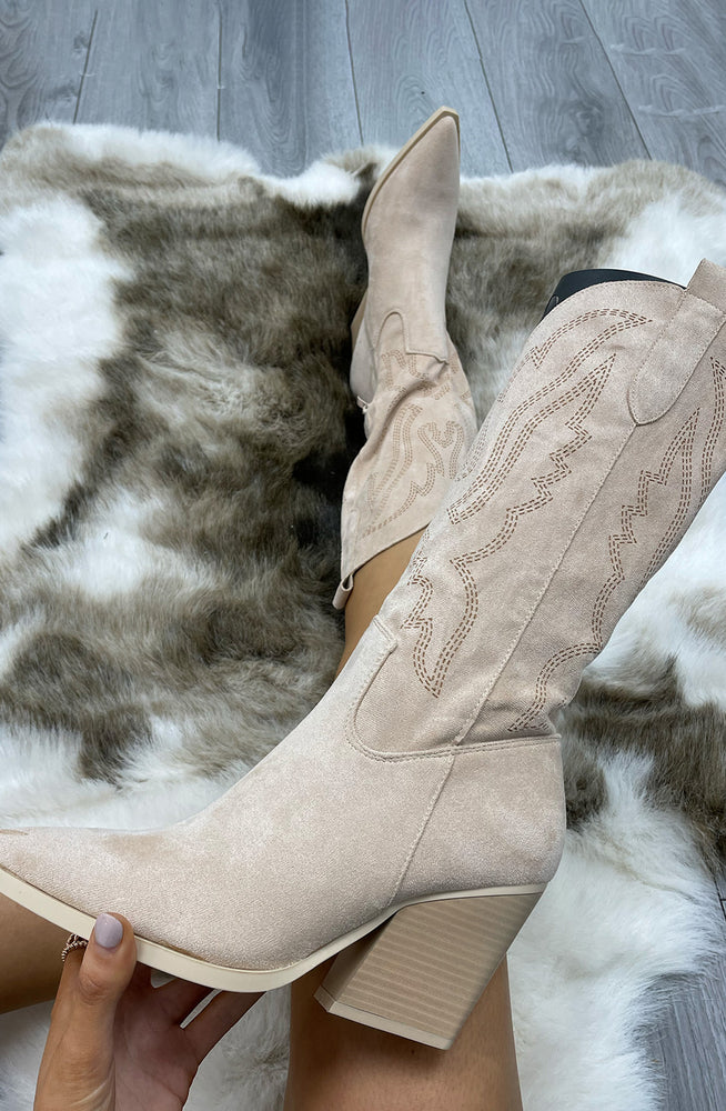 Beige Almond Toe Mid Calf Embroidered Cowboy Boot