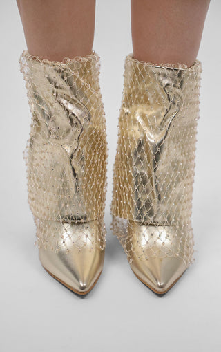 Gold Fold Over Ankle Diamante Fishnet Shark Boot