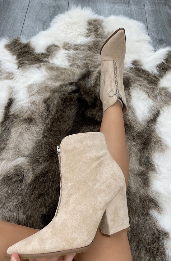 Load image into Gallery viewer, Beige Classic Zip Up Faux Suede Heeled Cowboy Boot
