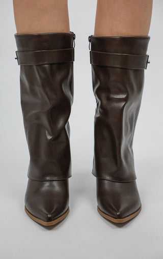 Brown Fold Over Cowboy Lock Detail Calf Boots