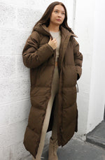 Brown Maxi Length Padded Puffer Double Zip Coat