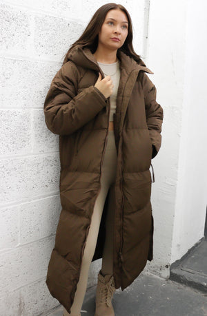
            
                Load image into Gallery viewer, Brown Maxi Length Padded Puffer Double Zip Coat
            
        