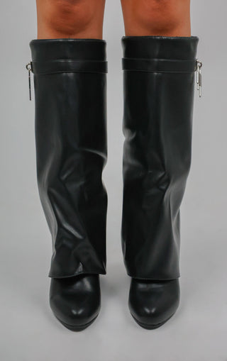 Black PU Padlock Knee High Fold Over Shark Boot