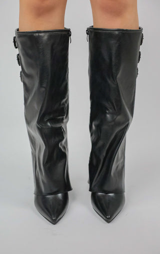 Black PU Leather Fold Over Shark Classic Buckle Knee High Boot