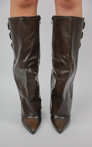 Brown Knee High Fold Over Buckle Boots