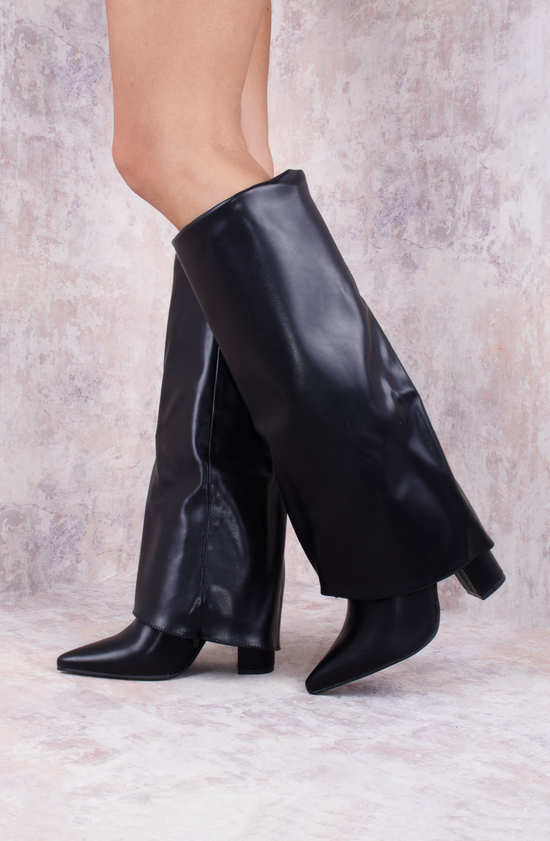 Black Faux Leather Fold Over Shark Classic Knee High Boot