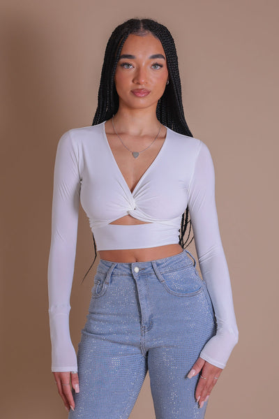 Women's White Twist-Front Crop Top | Cut Out Long Sleeve Top