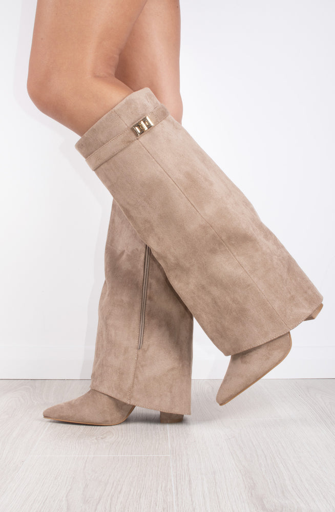 Taupe Faux Suede Fold Over Shark Classic Buckle Knee High Boot