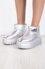 Silver Metallic Faux Leather Ultra Mini Ankle Ribbed Sole Platform Boots