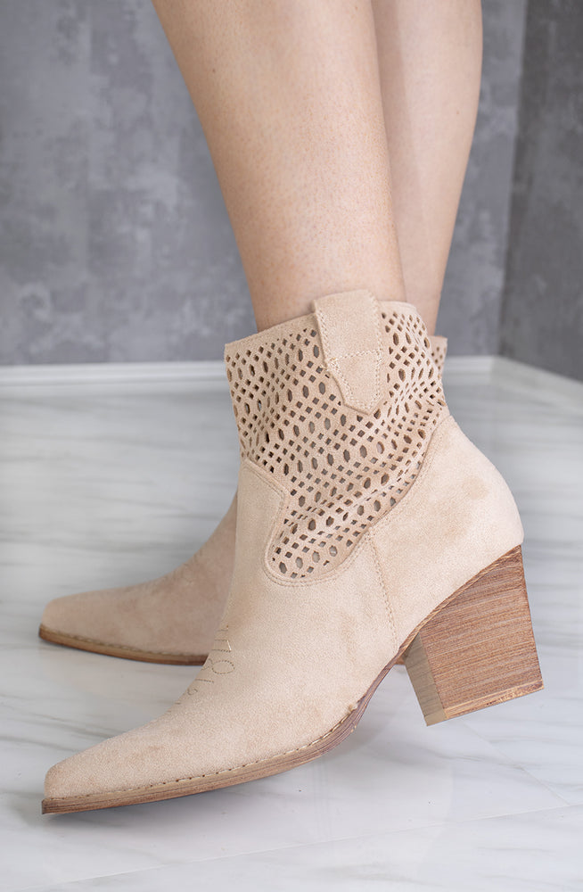 Beige Cut Out Ankle Length Cowboy Boot
