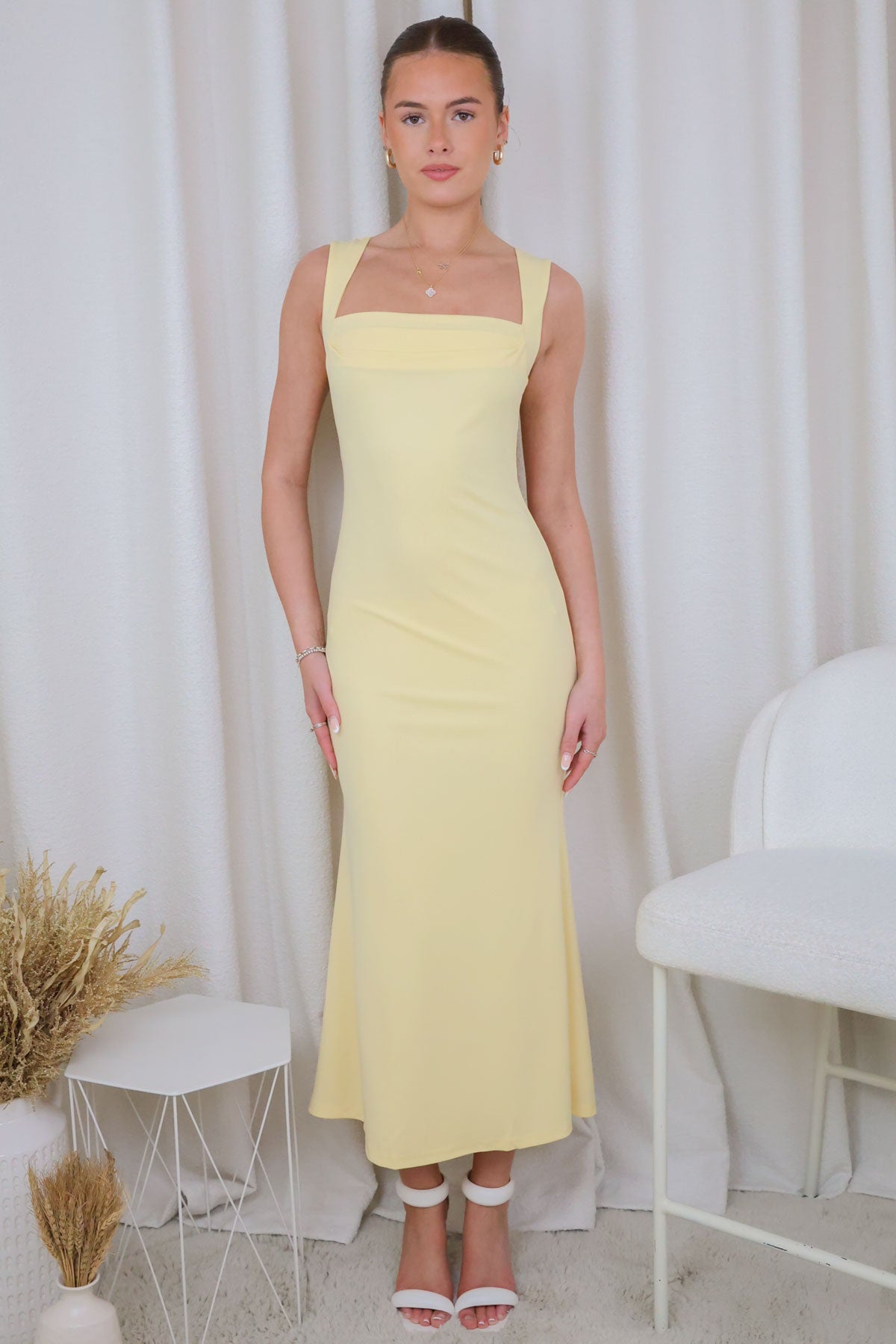 Womens Yellow Double Layer Slinky Ruched Sleeveless Maxi Dress