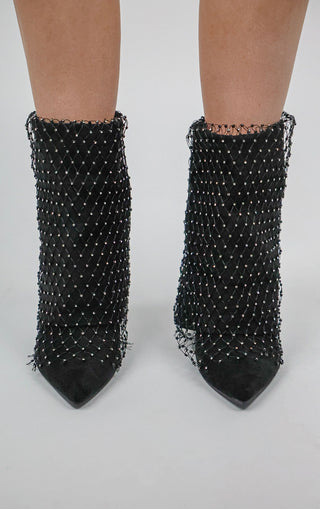 Black Fold Over Ankle Diamante Fishnet Shark Boot