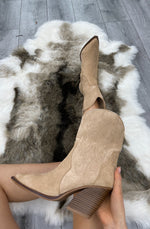 Beige Faux Suede Embroidered Western Pointed Toe Cowboy Boots