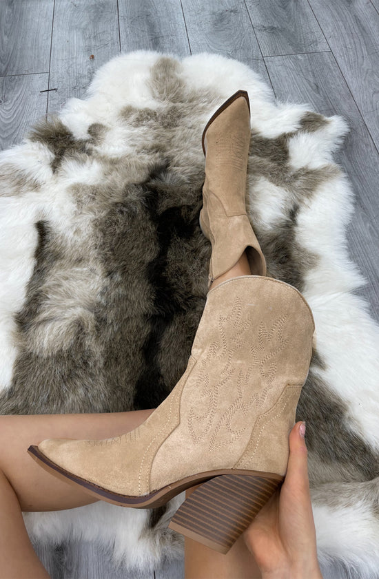 Beige Faux Suede Embroidered Western Pointed Toe Cowboy Boots