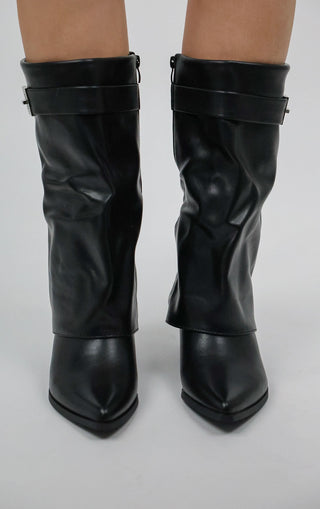 Black Fold Over Cowboy Lock Detail Calf Boots