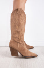 Camel Faux Embroidered Suede Knee High Block Heel Cowboy Boots