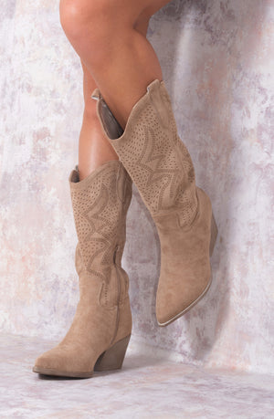 
            
                Load image into Gallery viewer, Taupe Almond Toe Mid Calf Embroidered Cowboy Boot
            
        
