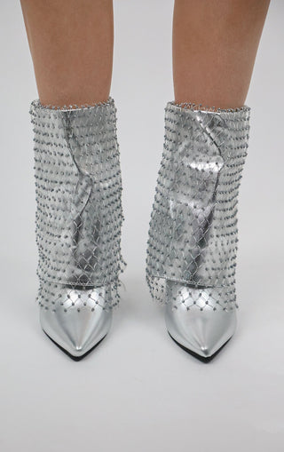 Silver Fold Over Ankle Diamante Fishnet Shark Boot