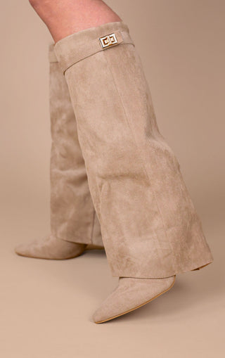 Taupe Faux Suede Fold Over Shark Classic Buckle Knee High Boot