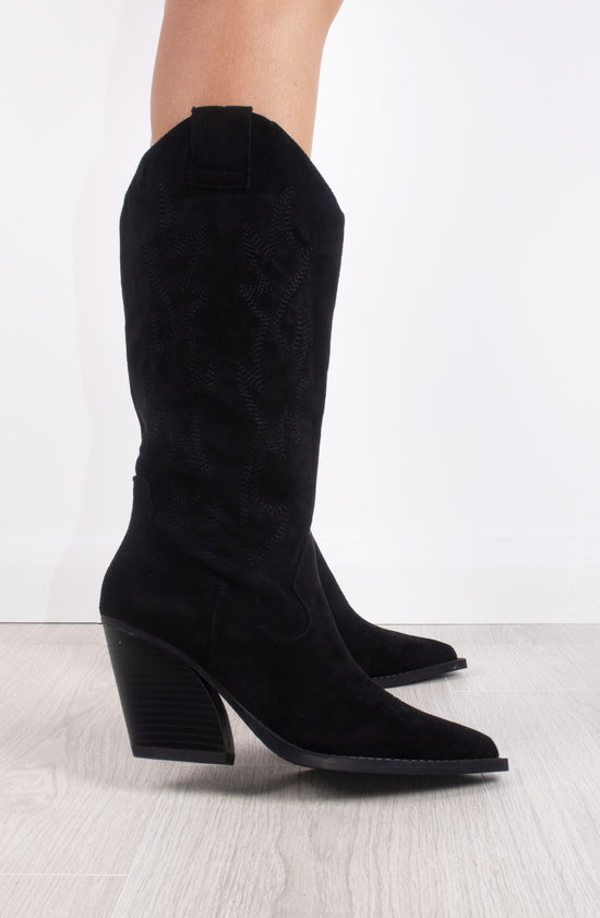 Black Faux Embroidered Suede Knee High Block Heel Cowboy Boots