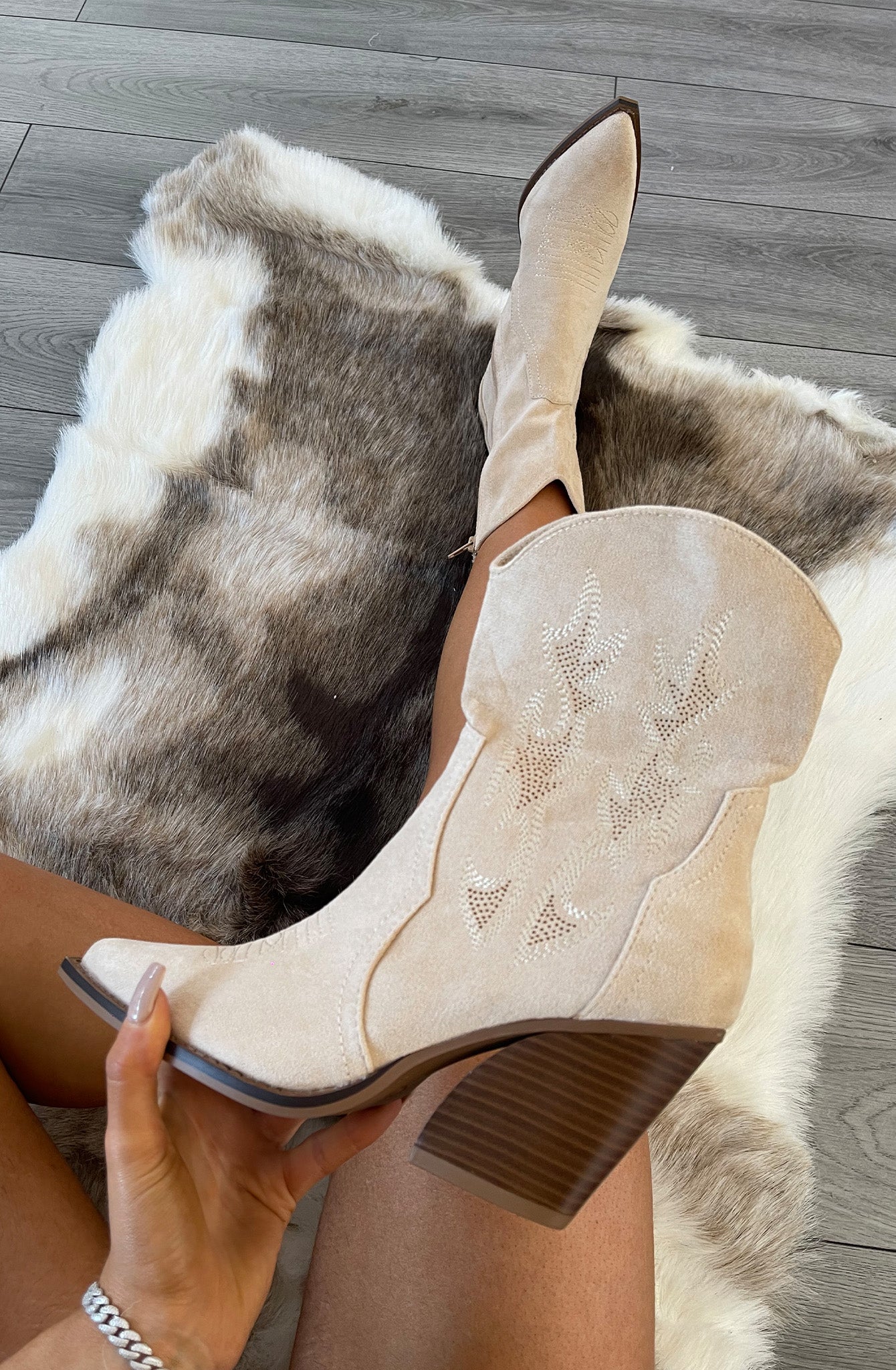 Beige Suede Cowboy Ankle Boots