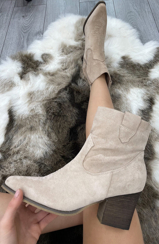 Beige Faux Suede Heeled Ankle Boots