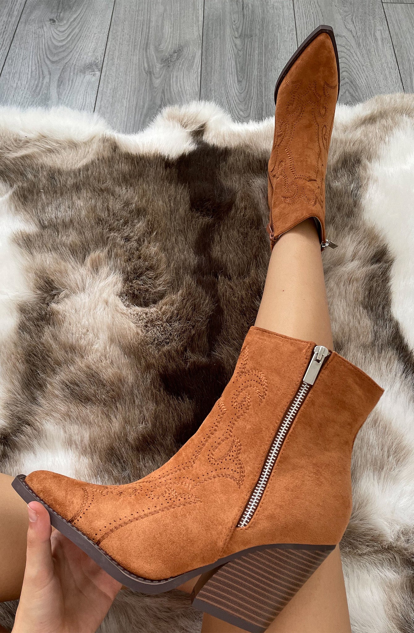 Camel Ankle Faux Suede Embroidered Cowboy Boot