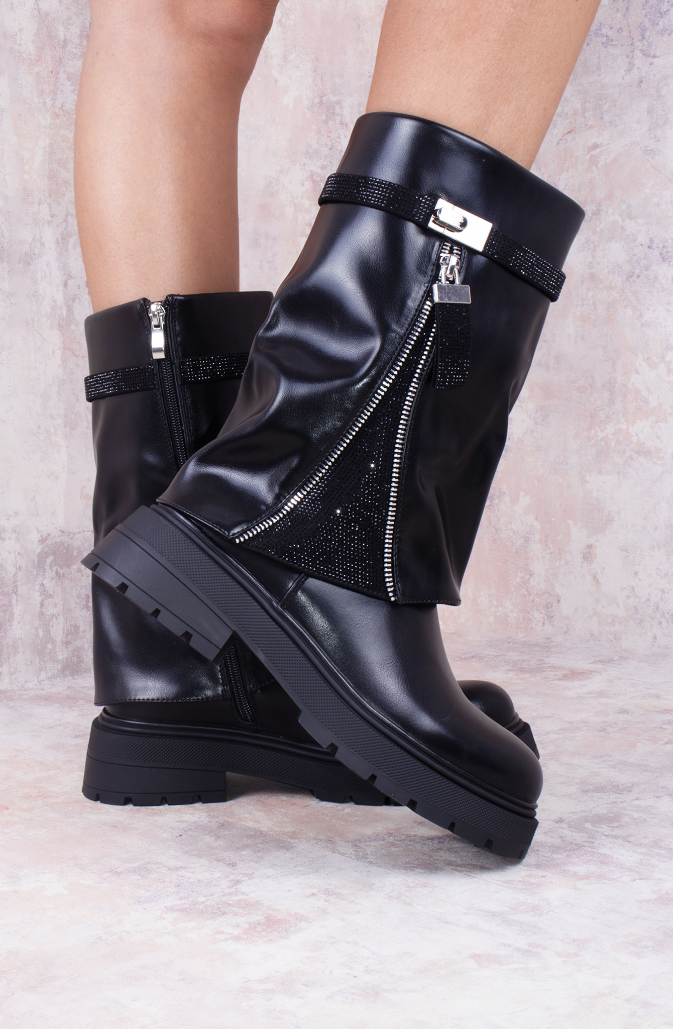 Load image into Gallery viewer, Fold Over Mid Calf Biker Boot with Rhinestone Detailing
