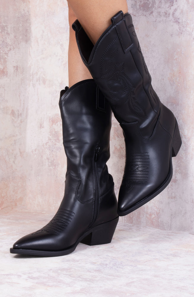 
            
                Load image into Gallery viewer, Black PU Faux Leather Mid Calf Length Cowboy Boot
            
        