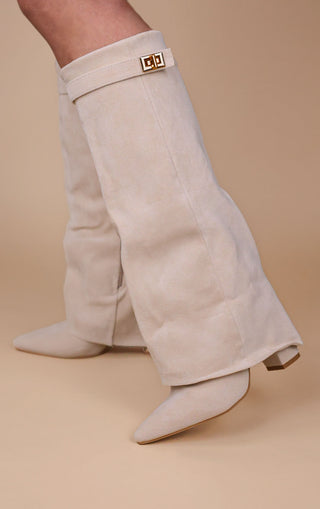 Beige Faux Suede Fold Over Shark Classic Buckle Knee High Boot