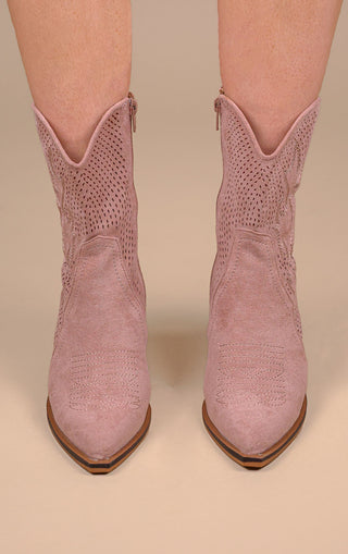 Pink Faux Suede Embroidered Western Pointed Toe Cut Out Cowboy Boots