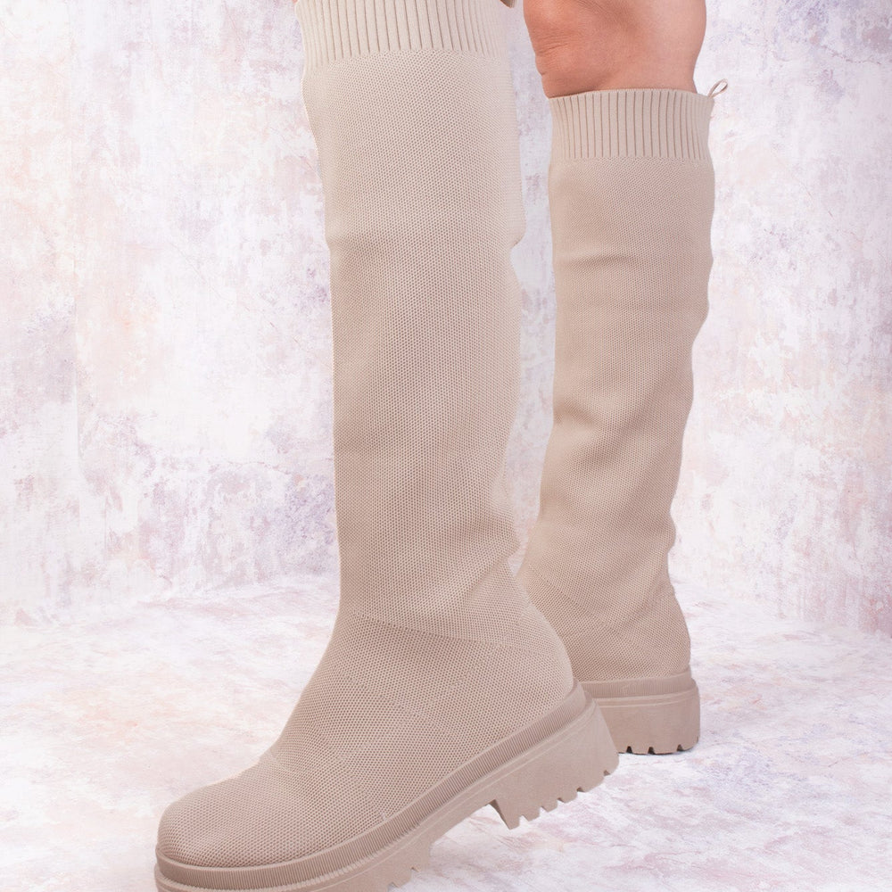 Dark Beige Knee High Fabric Ribbed Sock Boot