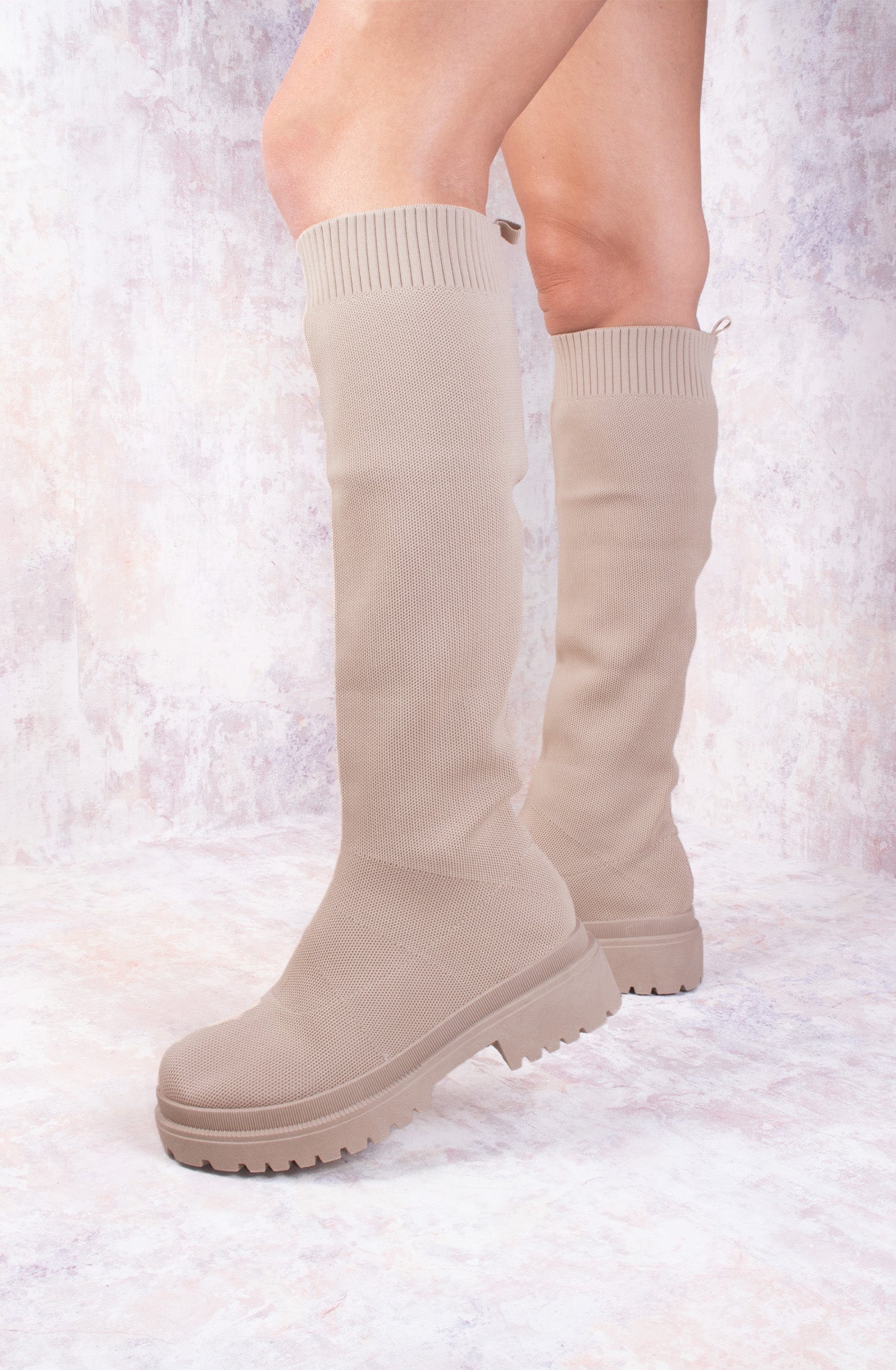 Dark Beige Knee High Fabric Ribbed Sock Boot