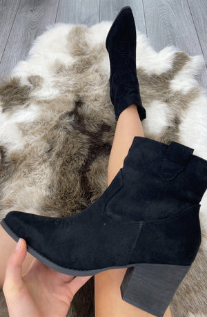 Black Faux Suede Heeled Ankle Boots