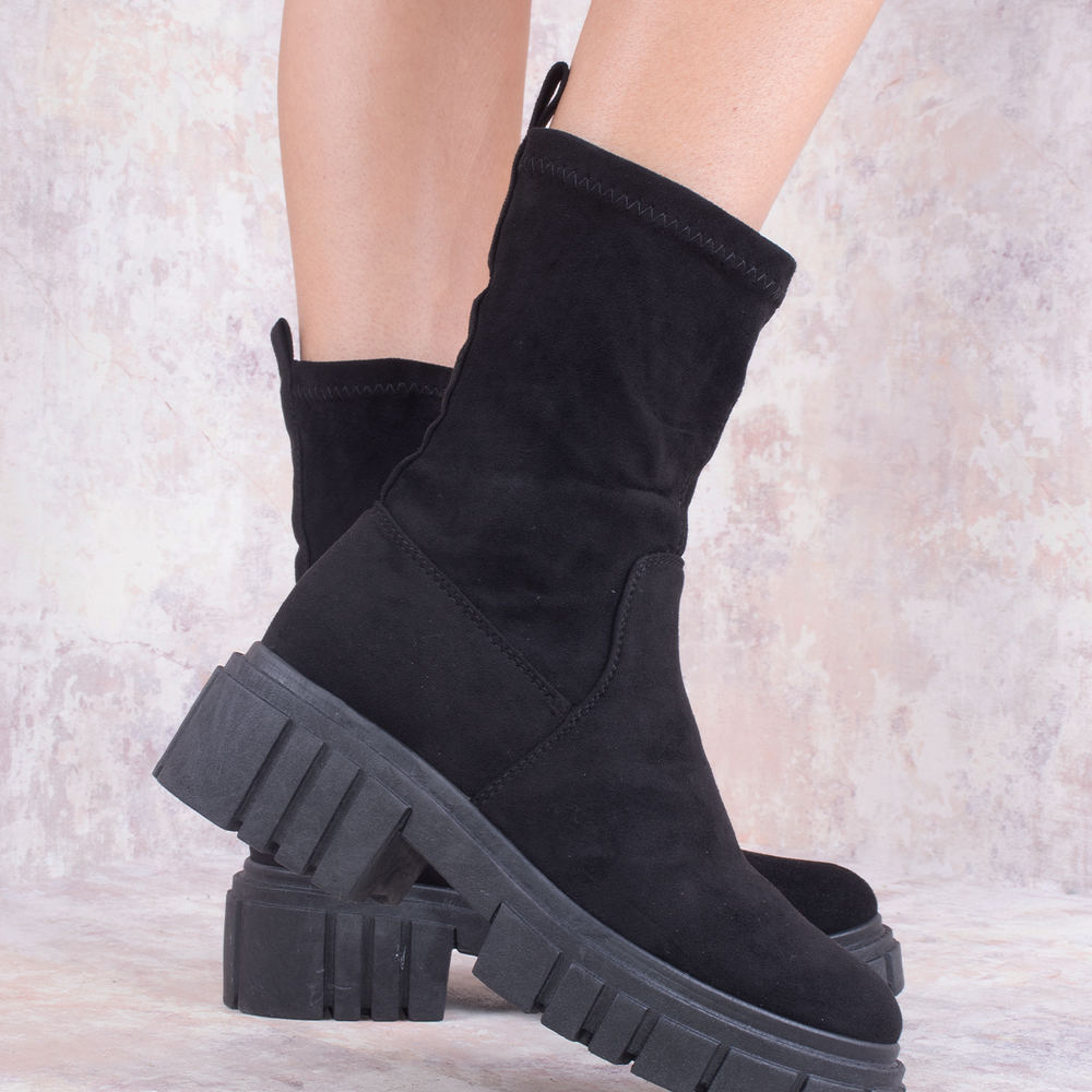 Black Faux Suede Ankle Sock Boot