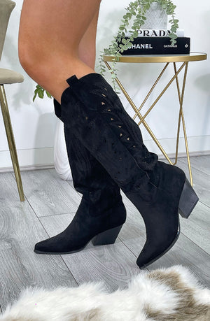 
            
                Load image into Gallery viewer, Black Faux Suede Western Style Knee High Cut Out Cowboy Boot
            
        