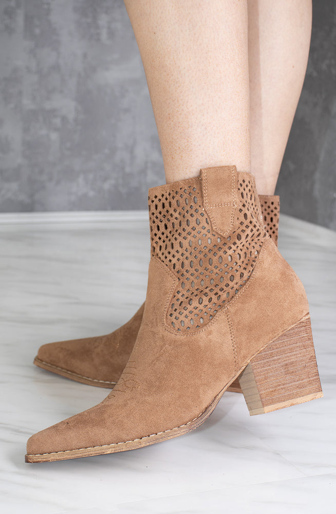 Camel Cut Out Ankle Length Cowboy Boot