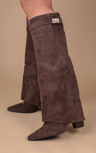 Brown Faux Suede Fold Over Shark Classic Buckle Knee High Boot