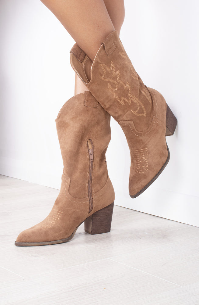 
            
                Load image into Gallery viewer, Camel Faux Suede Embroidered Western Pointed Toe Mid Calf Cowboy Boots
            
        
