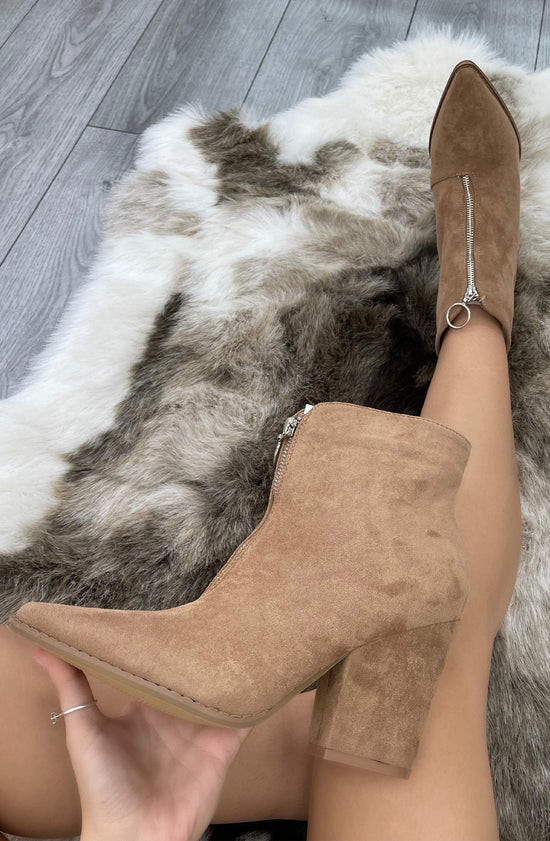 Load image into Gallery viewer, Camel Classic Faux Suede Zip Up Heeled Cowboy Boot
