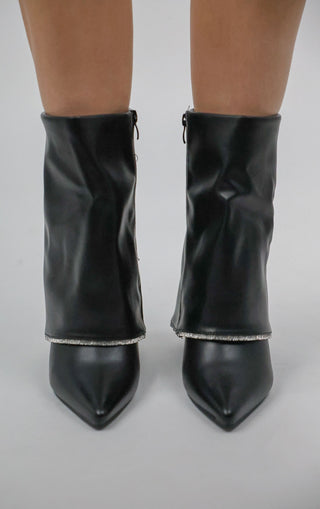 Black Block Heel Fold Over Diamante Trim Ankle Shark Boots