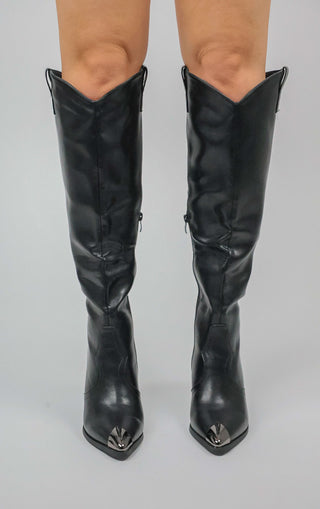 Black PU Leather Knee High Toe Cap Cowboy Boot