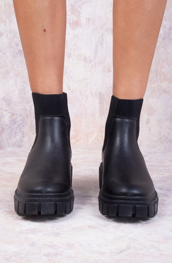 Black Platform Slip On Faux Leather Sock Boot